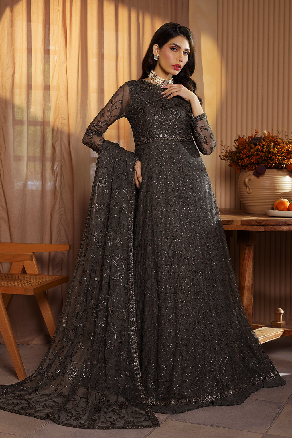 Elegant Sequins Embroidered Net and Silk Ensemble