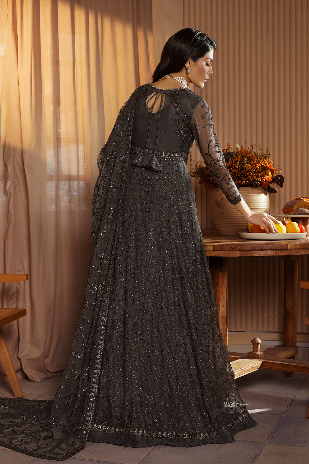Elegant Sequins Embroidered Net and Silk Ensemble