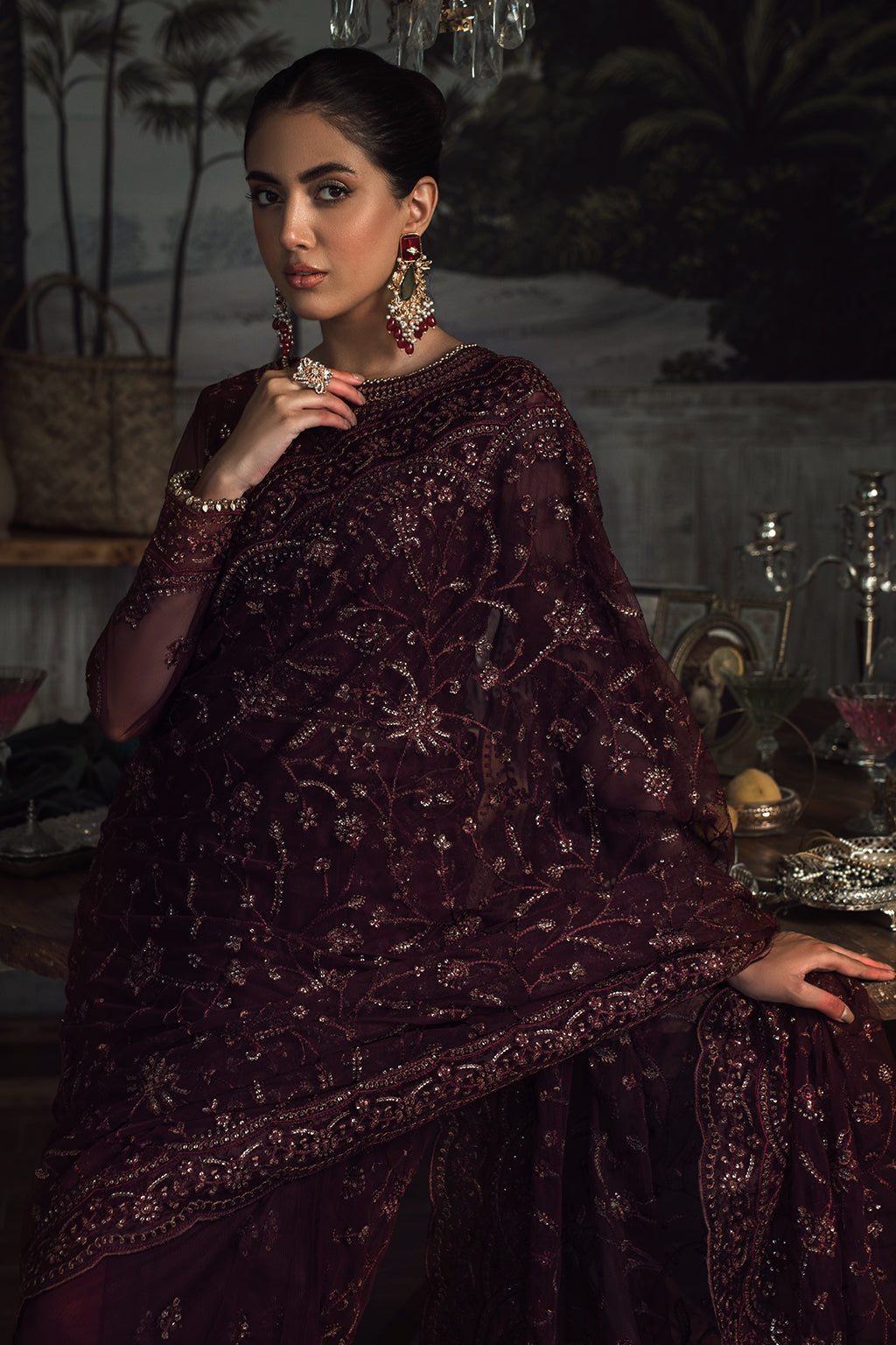 Elegant Carmine Sequins Embroidered Net Dress