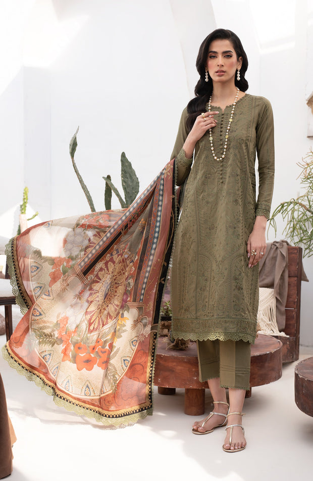 Embroidered Lawn Shirt with Chiffon Dupatta in Elegant Style