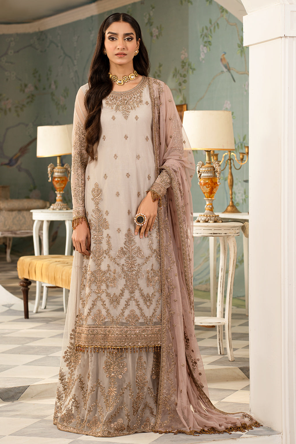 Elegant Sequins Embroidered Net Gharara in Contrast Colors
