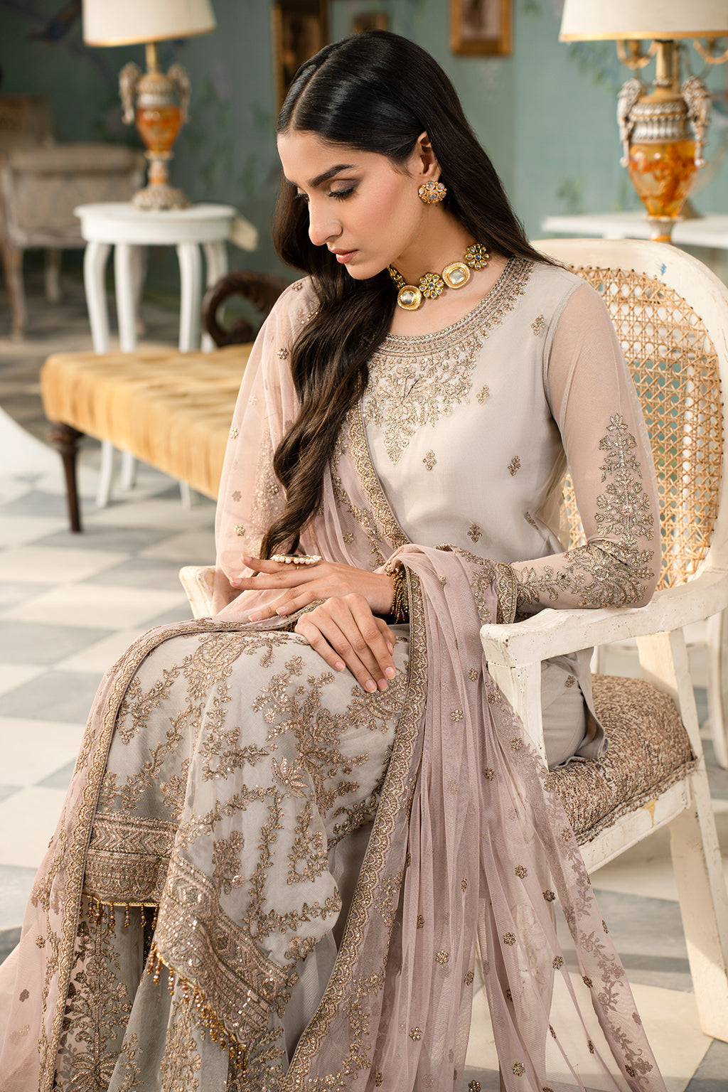 Elegant Sequins Embroidered Net Gharara in Contrast Colors