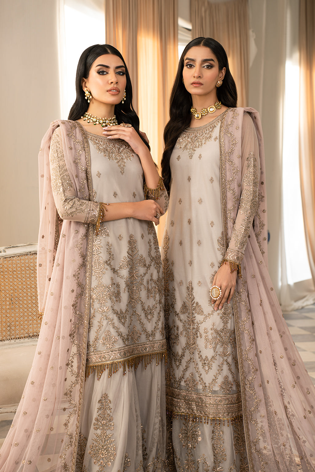 Elegant Sequins Embroidered Net Gharara in Contrast Colors