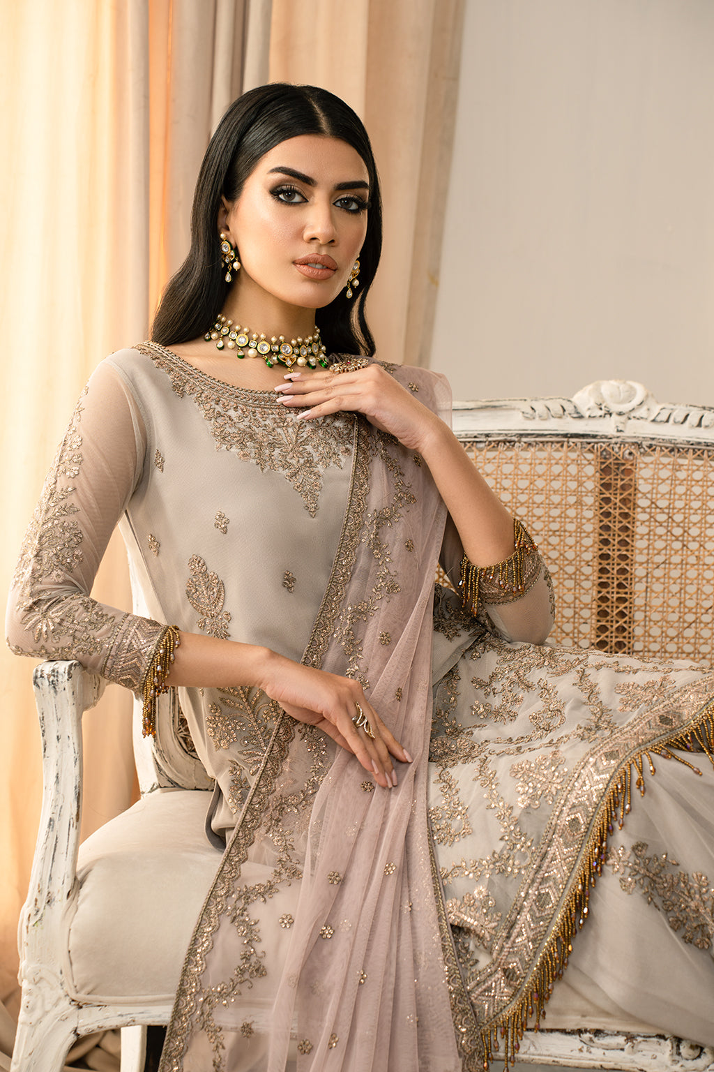 Elegant Sequins Embroidered Net Gharara in Contrast Colors