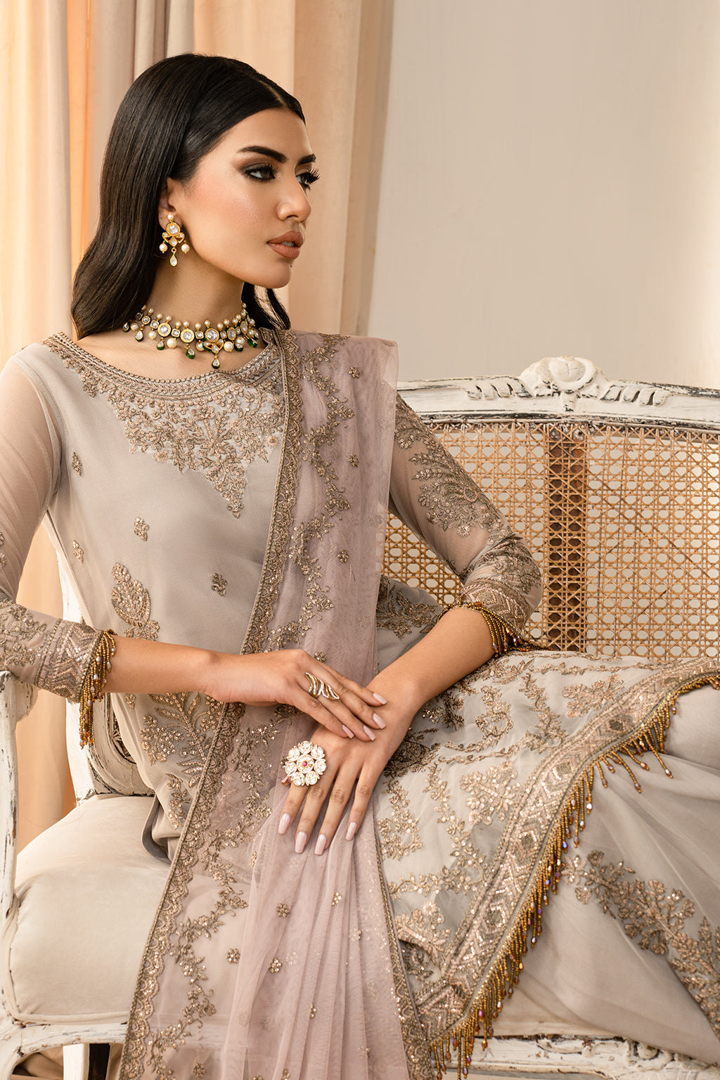 Elegant Sequins Embroidered Net Gharara in Contrast Colors