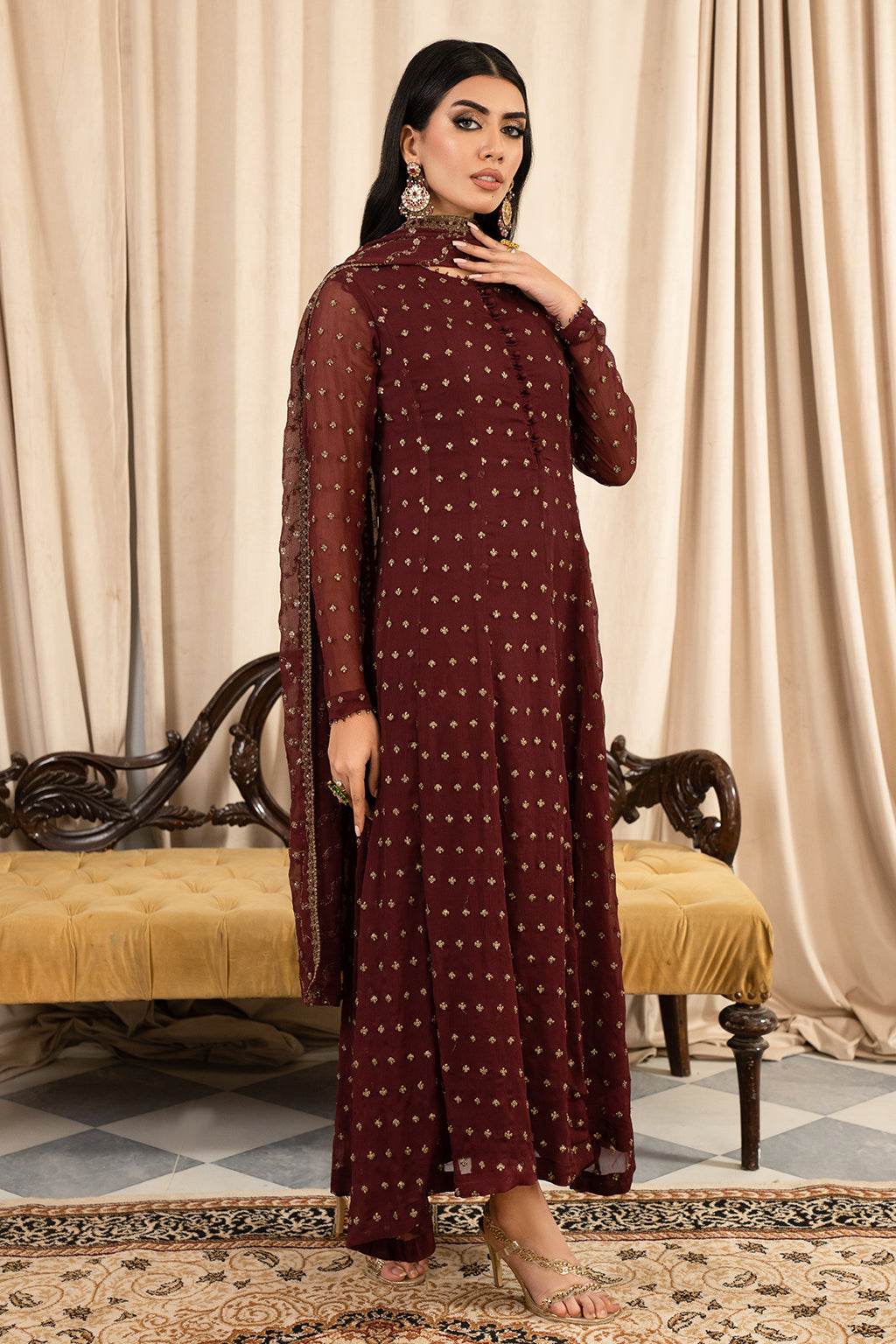 Elegant Ruby Chiffon 3 Piece Suit for Special Occasions