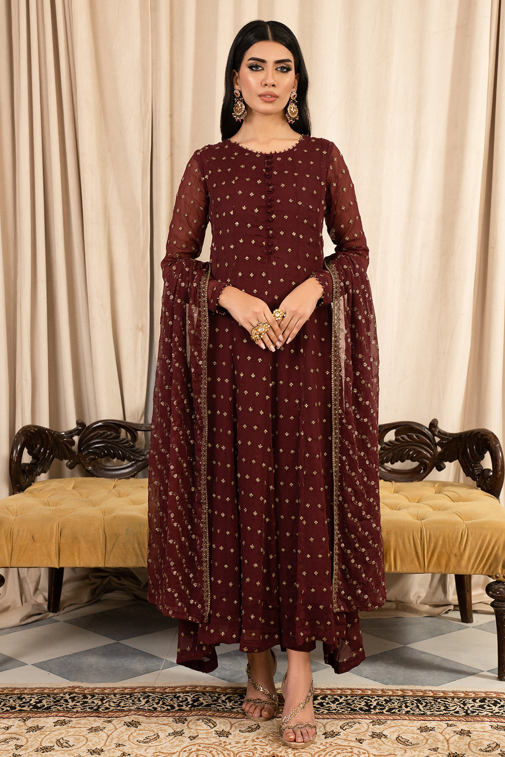 Elegant Ruby Chiffon 3 Piece Suit for Special Occasions