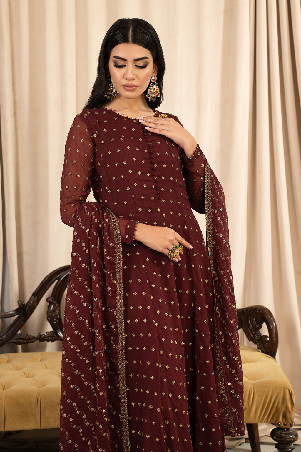 Elegant Ruby Chiffon 3 Piece Suit for Special Occasions