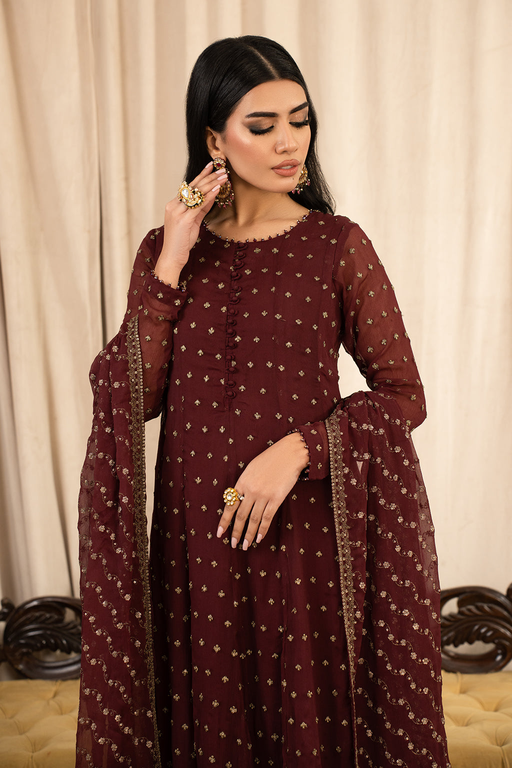 Elegant Ruby Chiffon 3 Piece Suit for Special Occasions