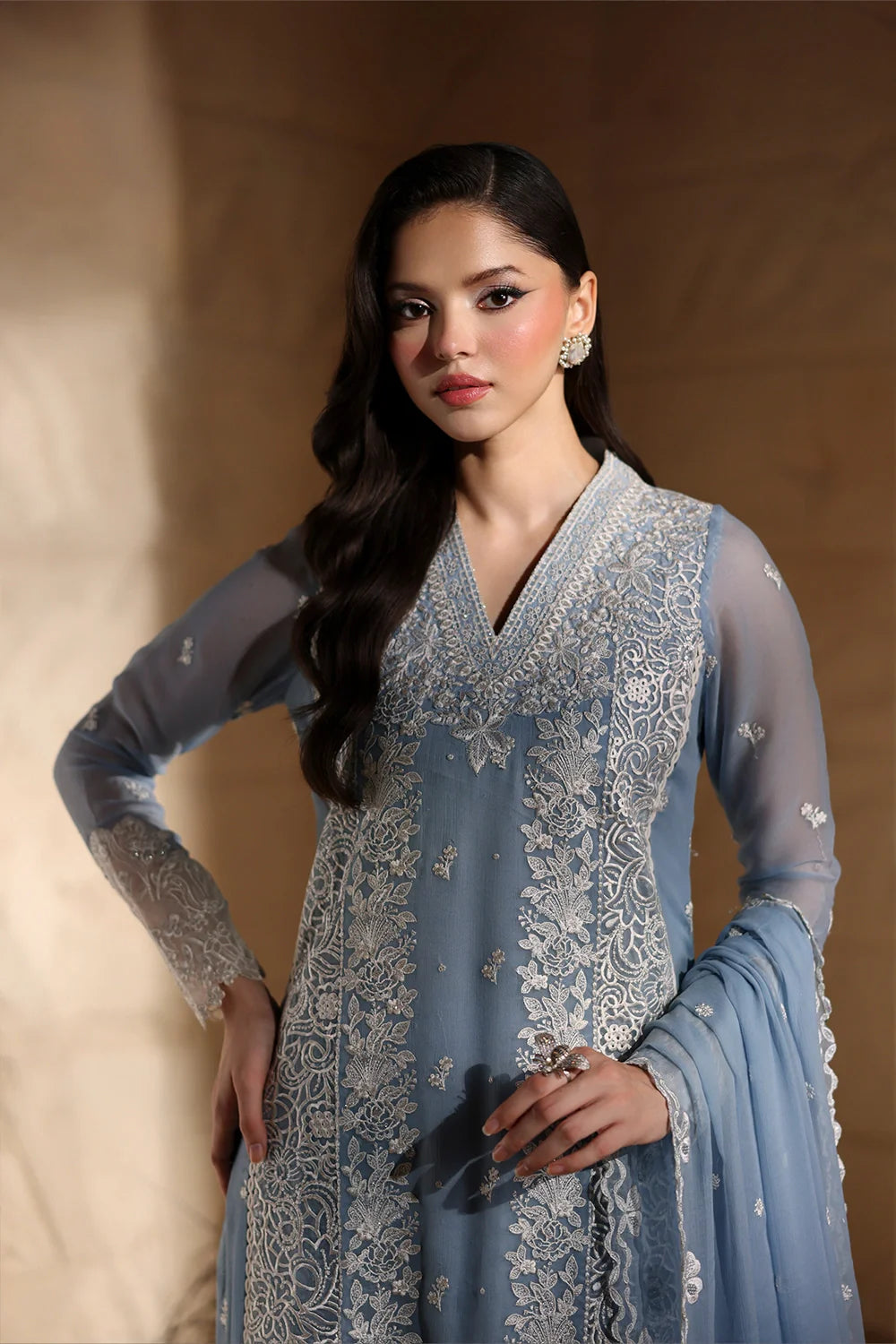 Elegant Periwinkle Hand Embellished Chiffon Pakistani Party Dress