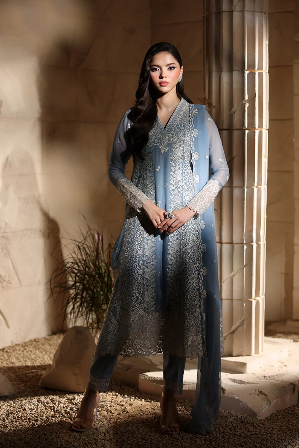 Elegant Periwinkle Hand Embellished Chiffon Pakistani Party Dress
