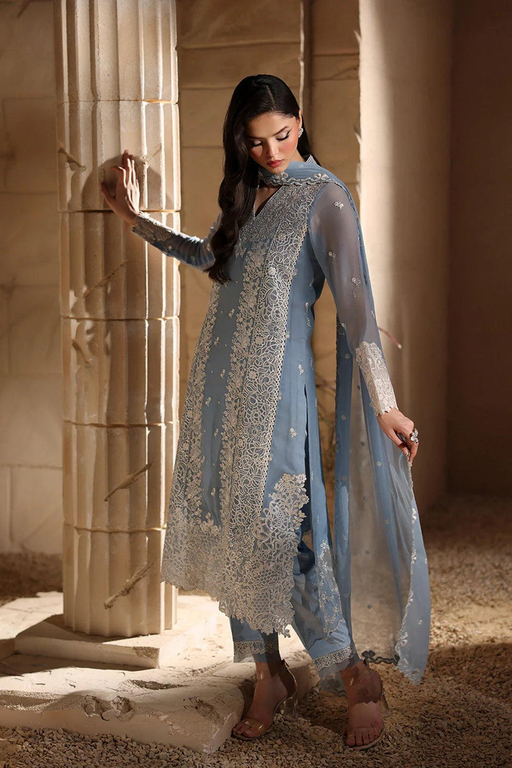 Elegant Periwinkle Hand Embellished Chiffon Pakistani Party Dress