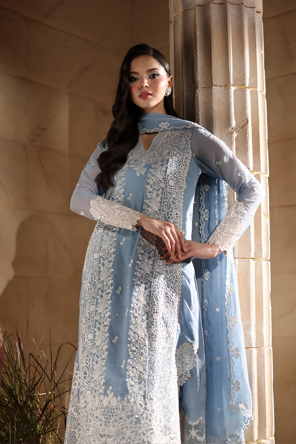 Elegant Periwinkle Hand Embellished Chiffon Pakistani Party Dress