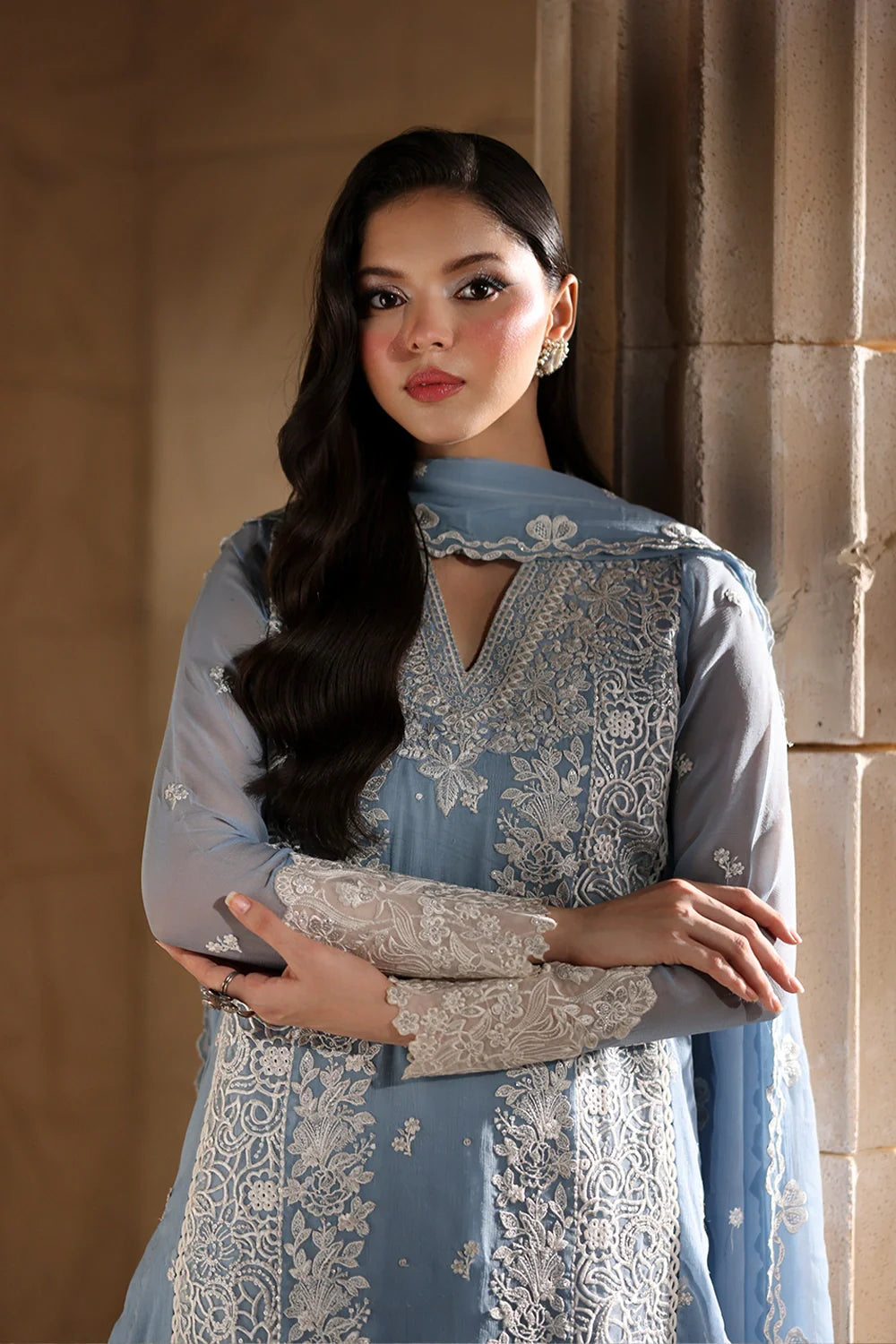 Elegant Periwinkle Hand Embellished Chiffon Pakistani Party Dress
