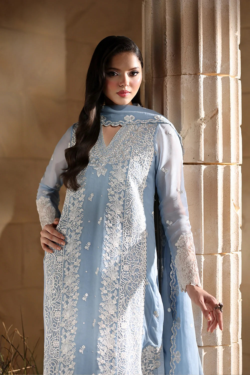 Elegant Periwinkle Hand Embellished Chiffon Pakistani Party Dress