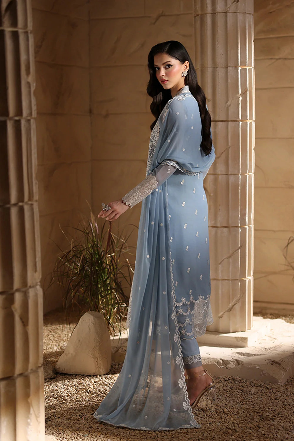 Elegant Periwinkle Hand Embellished Chiffon Pakistani Party Dress