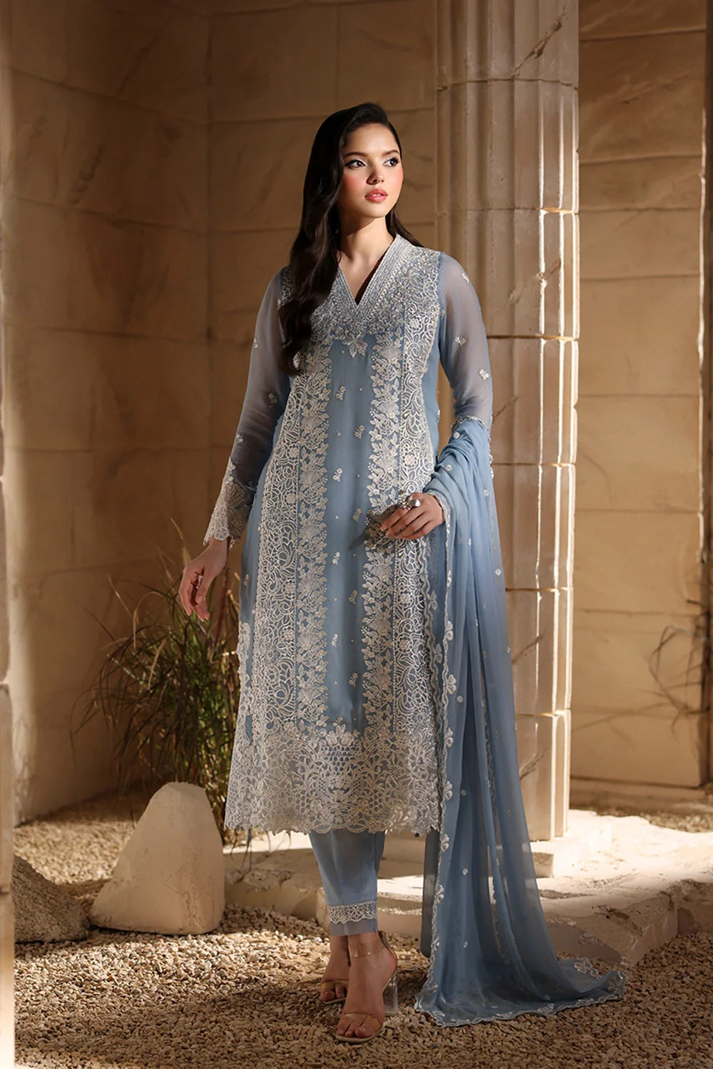 Elegant Periwinkle Hand Embellished Chiffon Pakistani Party Dress