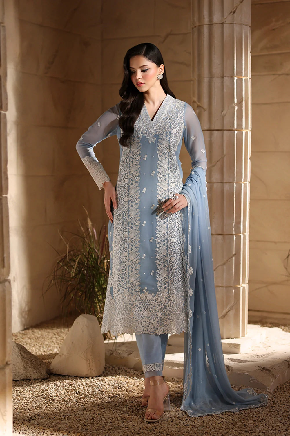 Elegant Periwinkle Hand Embellished Chiffon Pakistani Party Dress