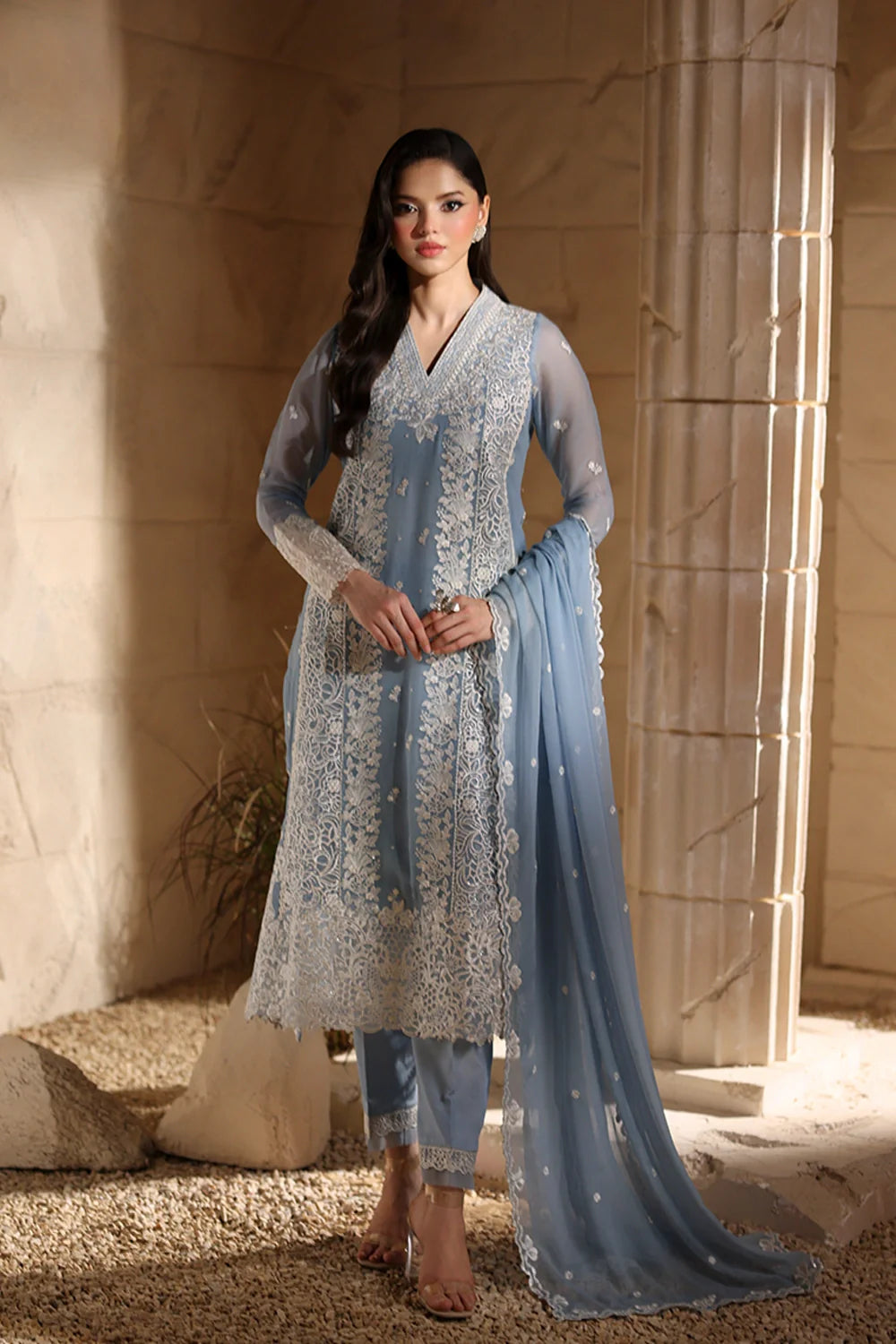 Elegant Periwinkle Hand Embellished Chiffon Pakistani Party Dress