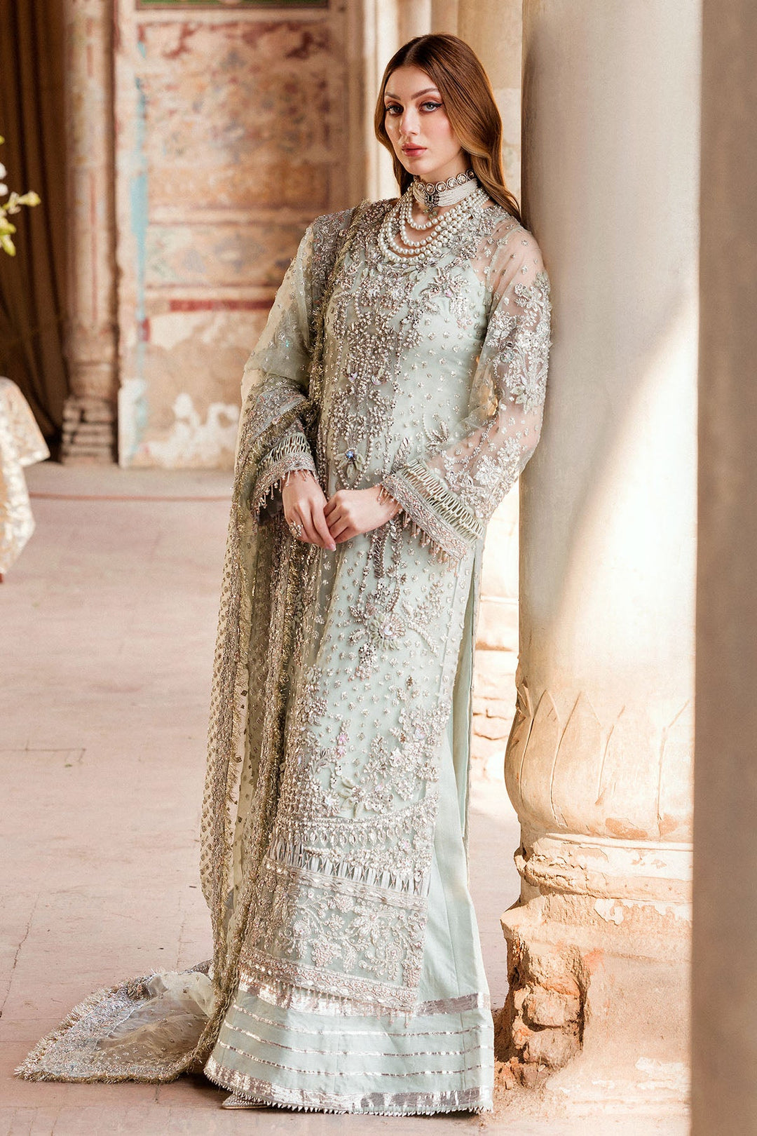 Elegant Aqua Mint Pakistani Wedding Dress with Embellishments
