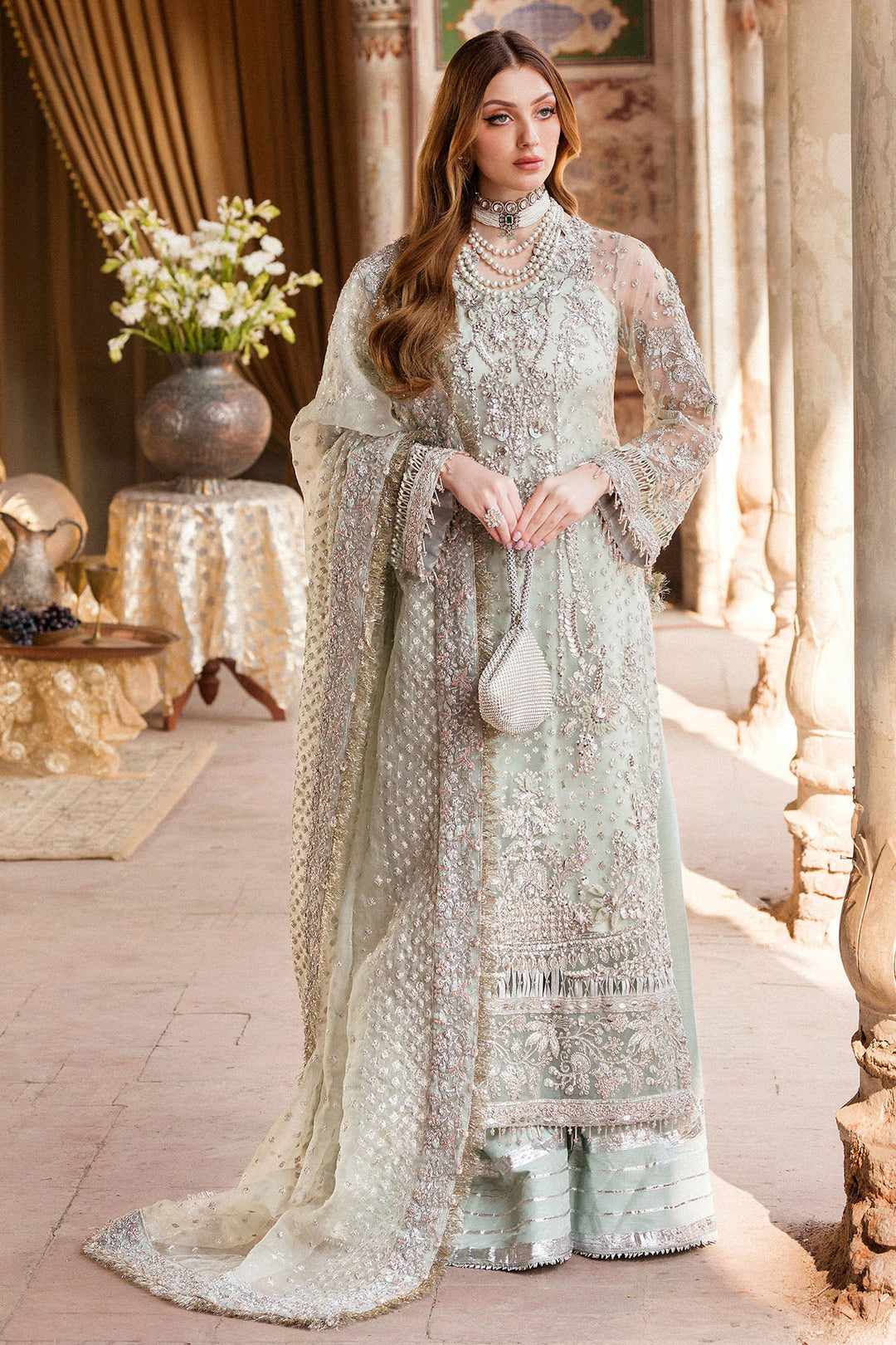 Elegant Aqua Mint Pakistani Wedding Dress with Embellishments