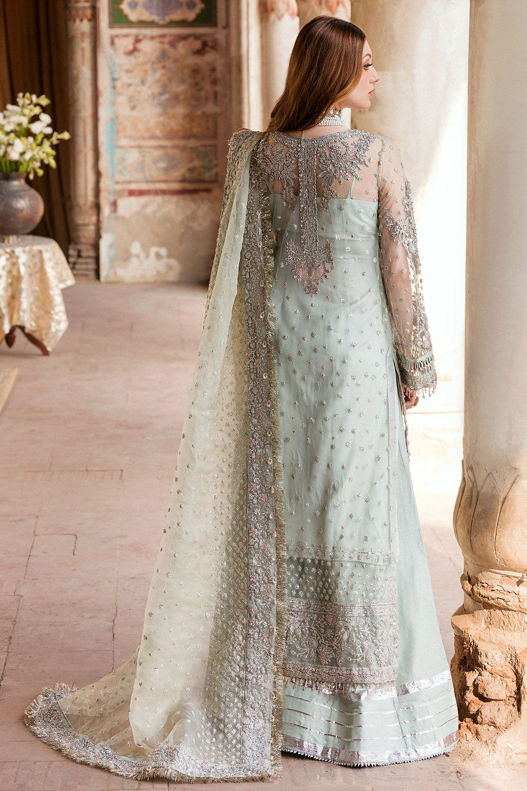 Elegant Aqua Mint Pakistani Wedding Dress with Embellishments