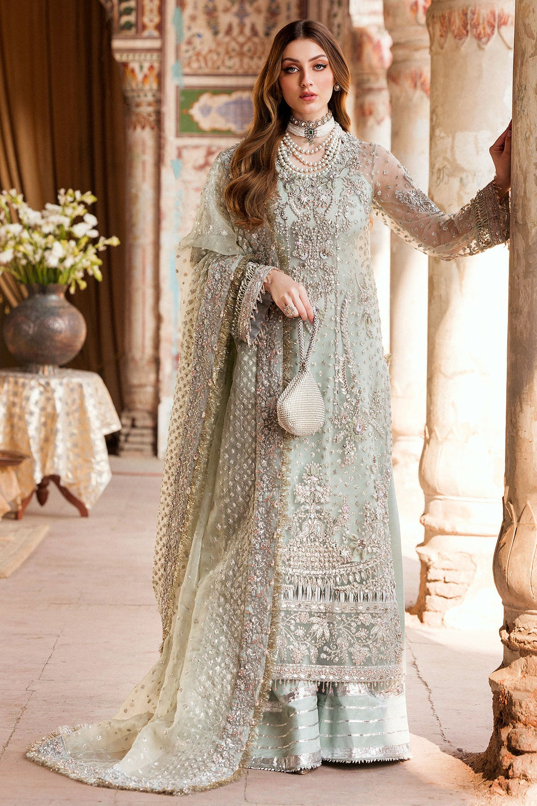 Elegant Aqua Mint Pakistani Wedding Dress with Embellishments