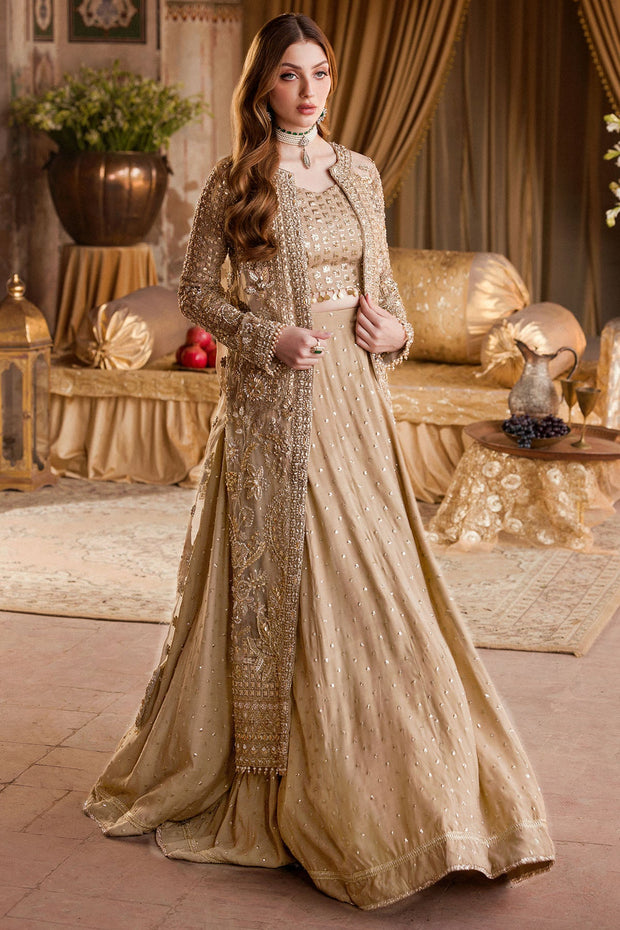 Hand Embellished Gold Pakistani Bridal Dress with Lehenga