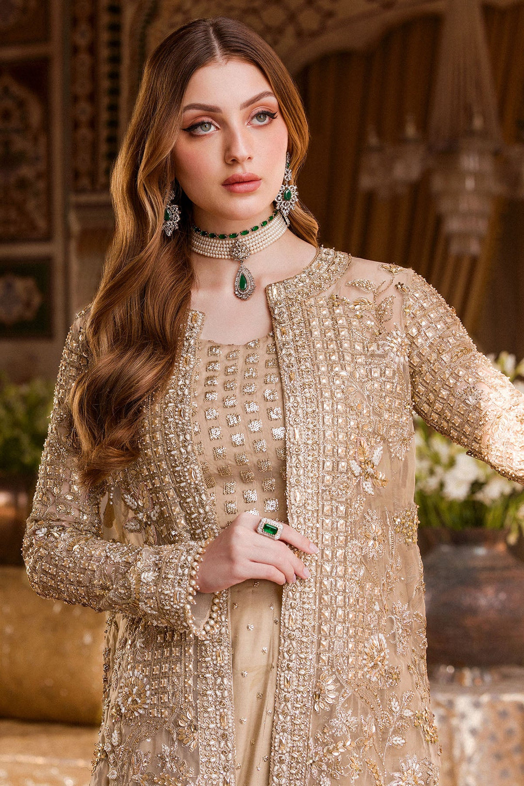 Hand Embellished Gold Pakistani Wedding Dress with Lehenga