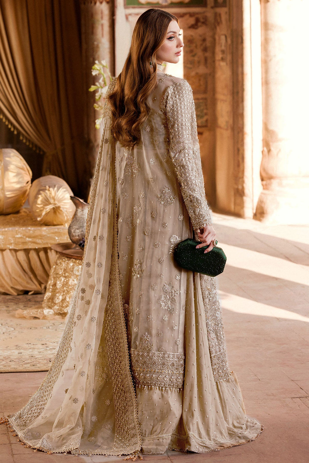 Hand Embellished Gold Pakistani Wedding Dress with Lehenga