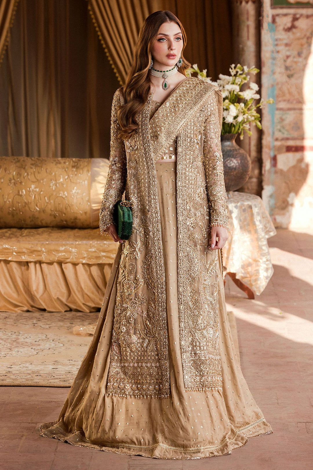 Hand Embellished Gold Pakistani Wedding Dress with Lehenga