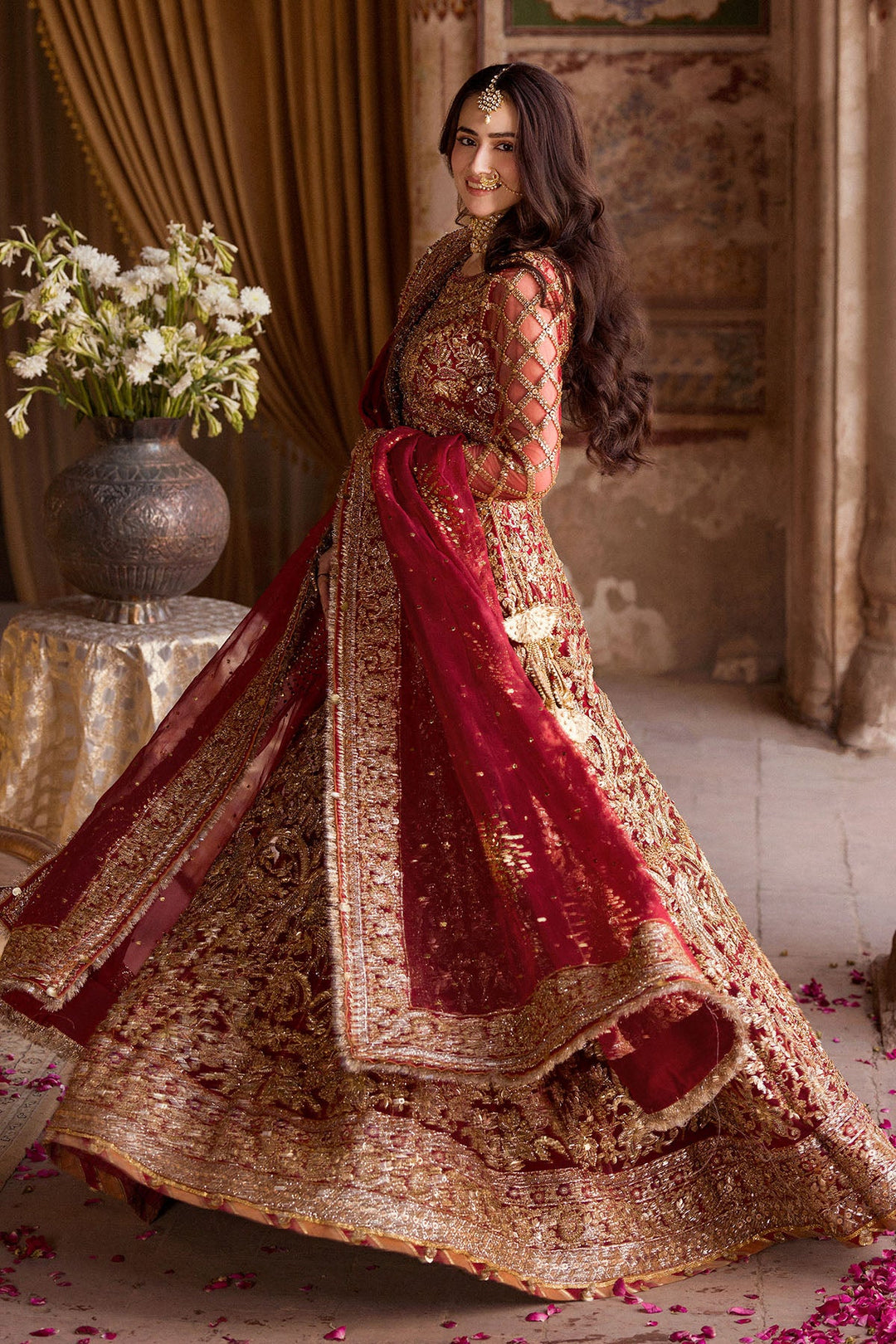 Crimson Red Pakistani Wedding Dress with Hand Embellishments