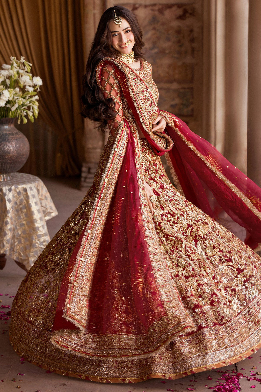 Crimson Red Pakistani Bridal Dress with Exquisite Embroidery Large