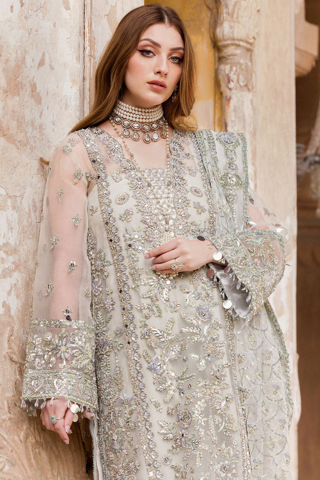 Ivory Hand Embellished Organza Pakistani Wedding Dress