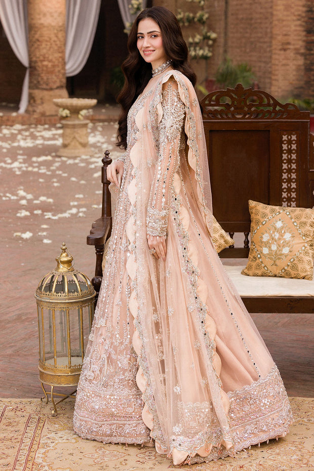 Elegant Pale Peach Pakistani Bridal Dress with Embellishments