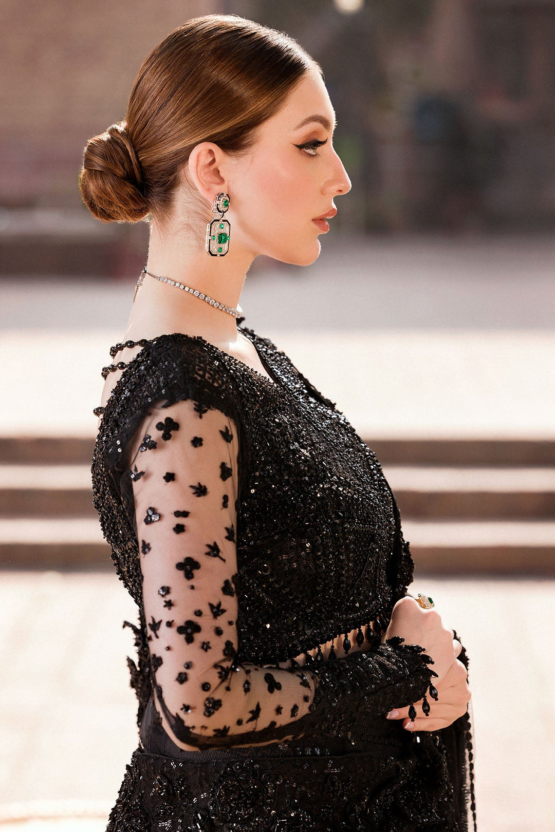 Elegant Pakistani Wedding Dress in Black Silk Net with Embellishm