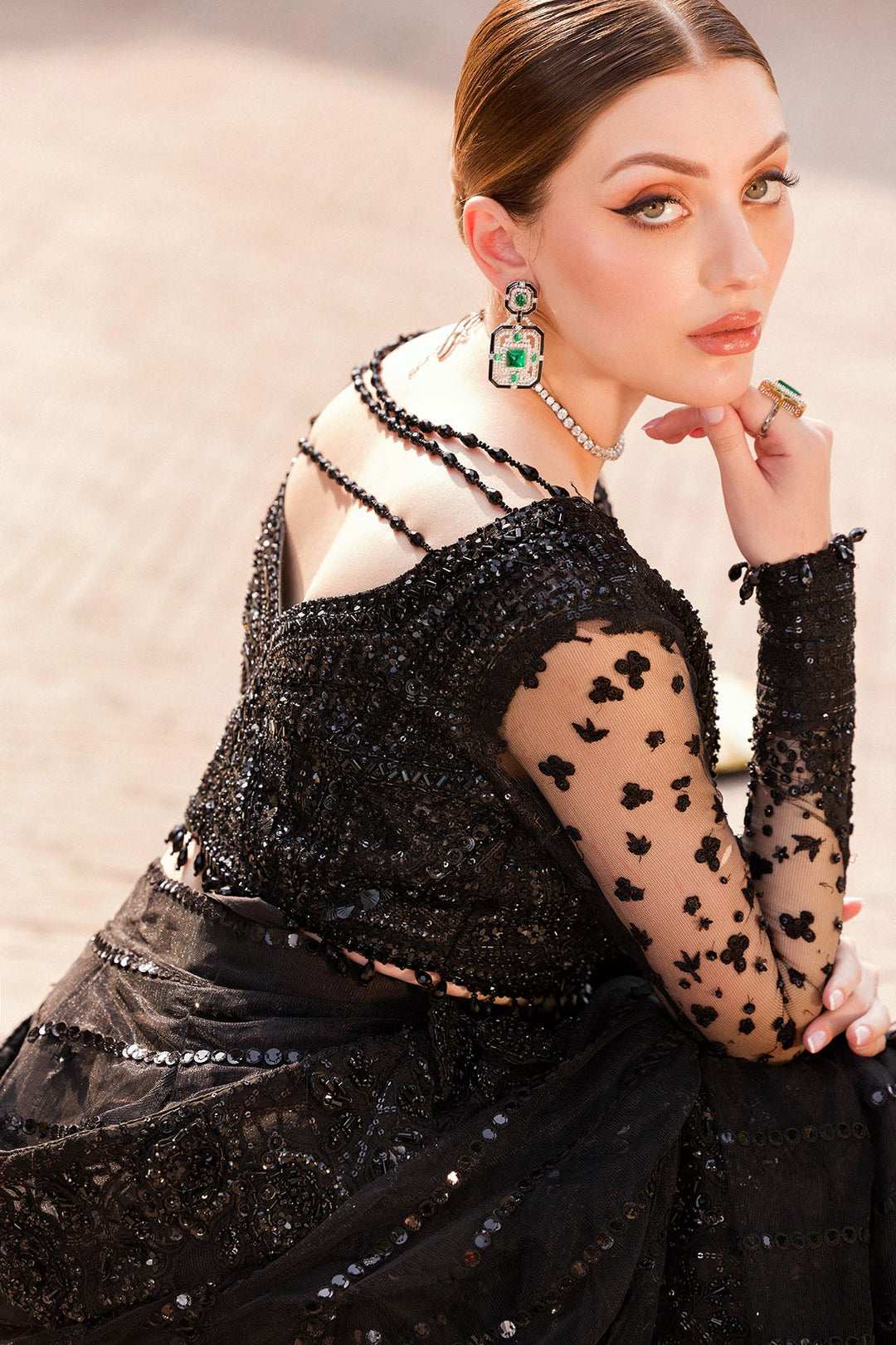 Elegant Pakistani Wedding Dress in Black Silk Net with Embellishm