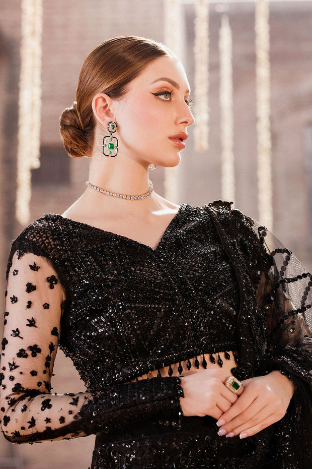 Elegant Pakistani Bridal Wear in Black Silk Net with Embellishmen