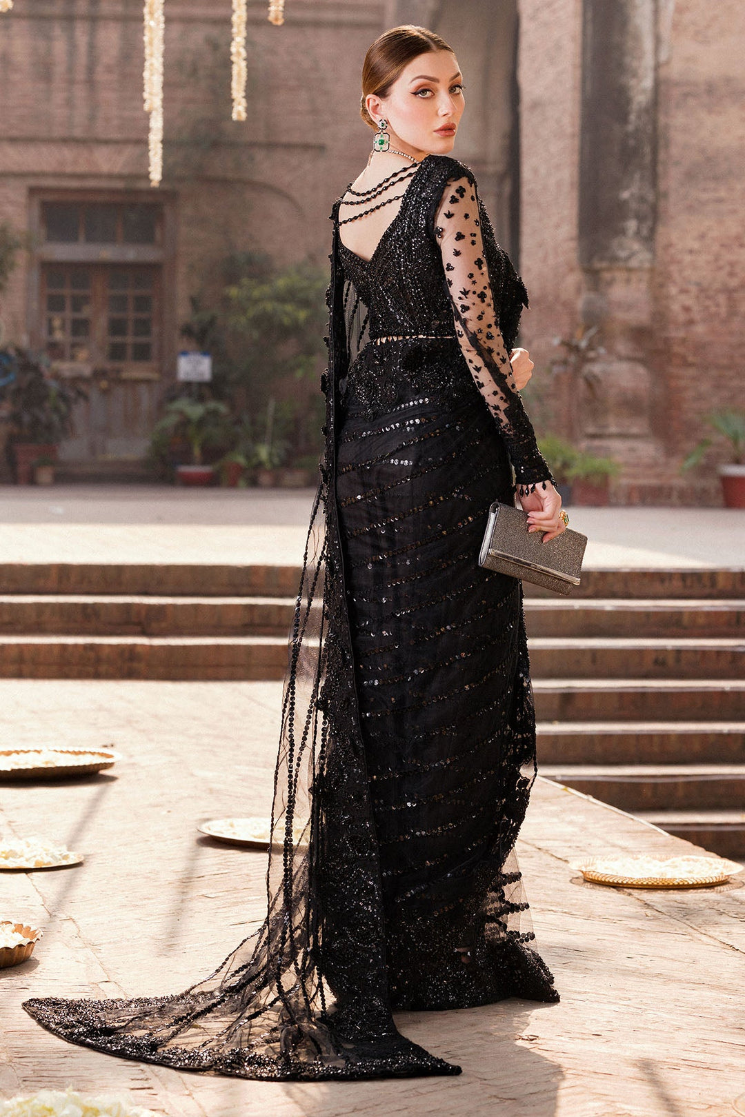 Elegant Pakistani Wedding Dress in Black Silk Net with Embellishm