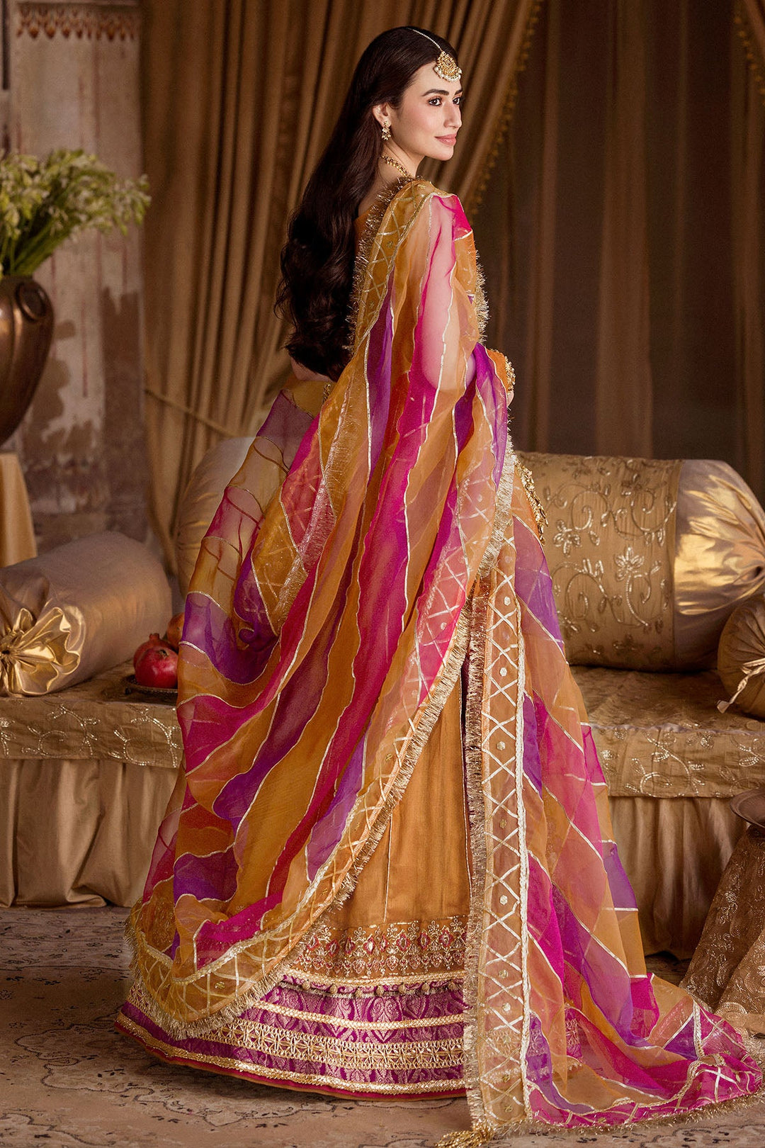 Hand-Embroidered Rust Pakistani Wedding Outfit with Lehenga