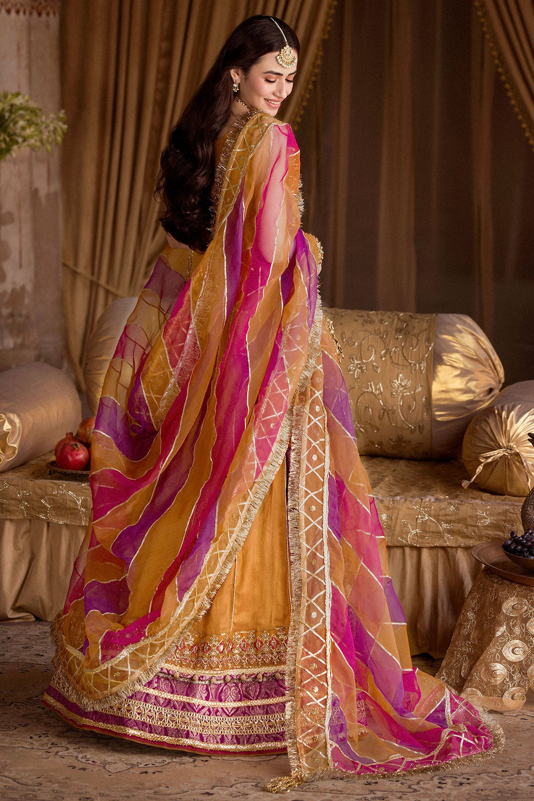 Hand-Embroidered Rust Pakistani Wedding Outfit with Lehenga