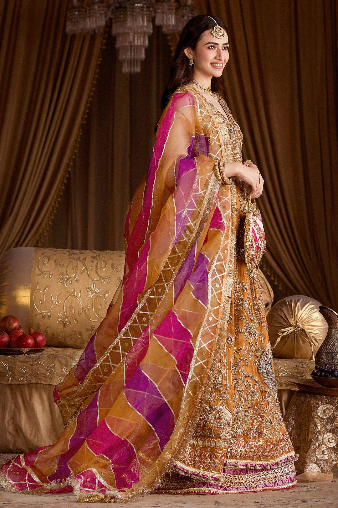 Hand-Embroidered Rust Pakistani Wedding Outfit with Lehenga