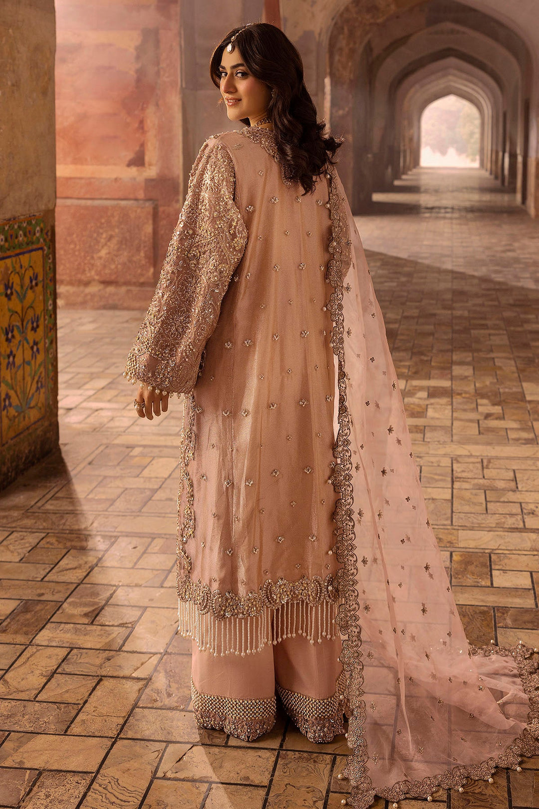 Peach Pakistani Wedding Dress with Embroidery and Silk Izaar