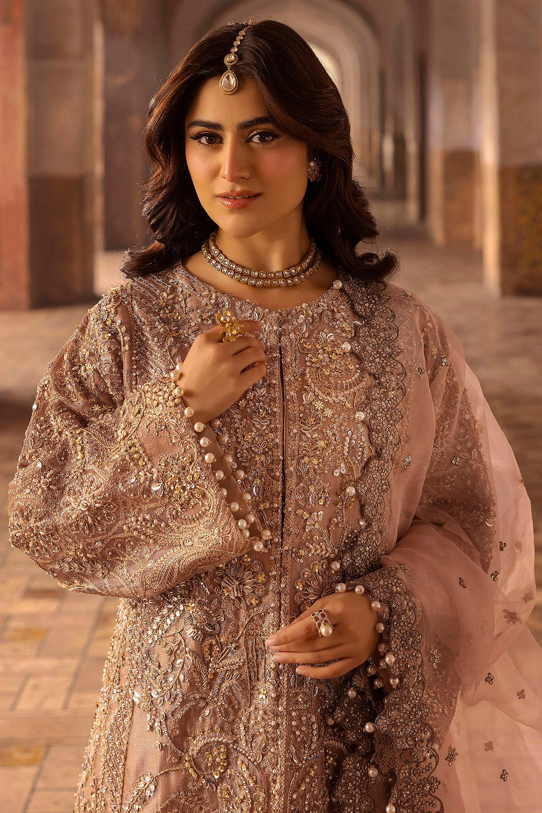 Peach Pakistani Bridal Outfit with Embroidery and Silk Izaar