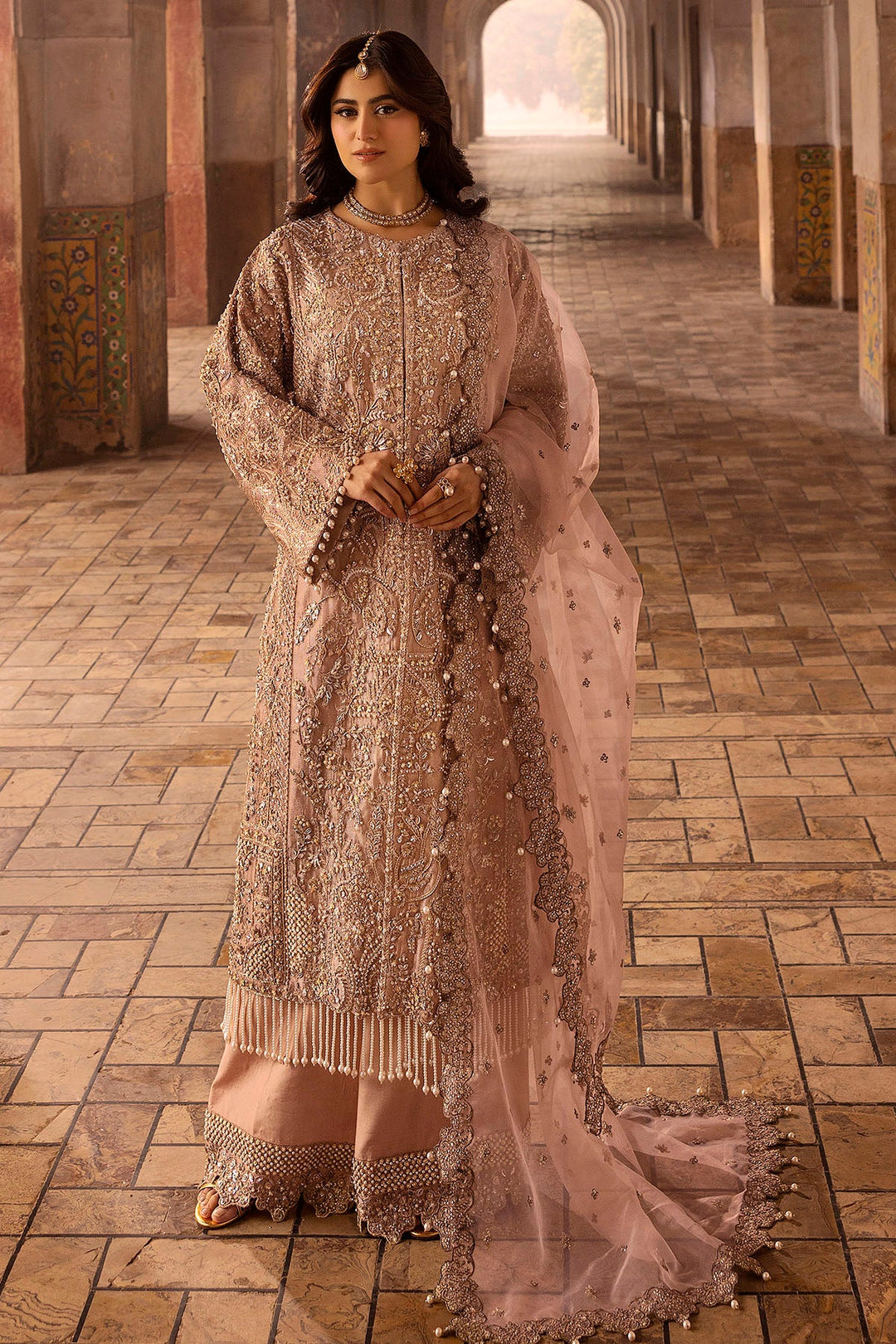 Peach Pakistani Wedding Dress with Embroidery and Silk Izaar