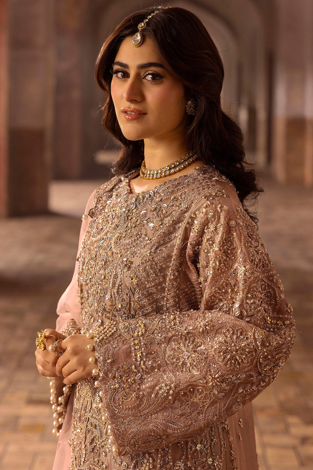 Peach Pakistani Bridal Outfit with Embroidery and Silk Izaar