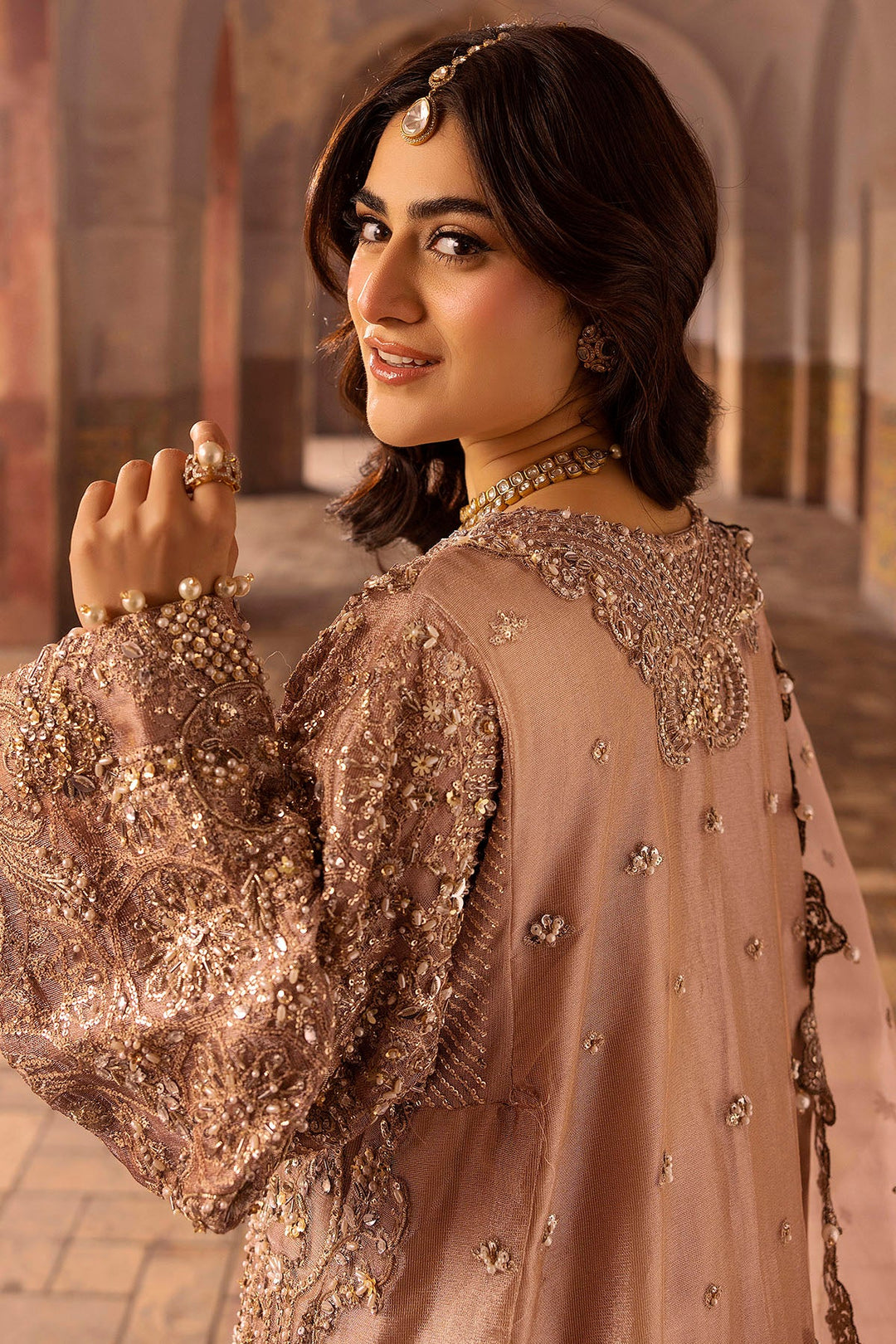 Peach Pakistani Bridal Outfit with Embroidery and Silk Izaar
