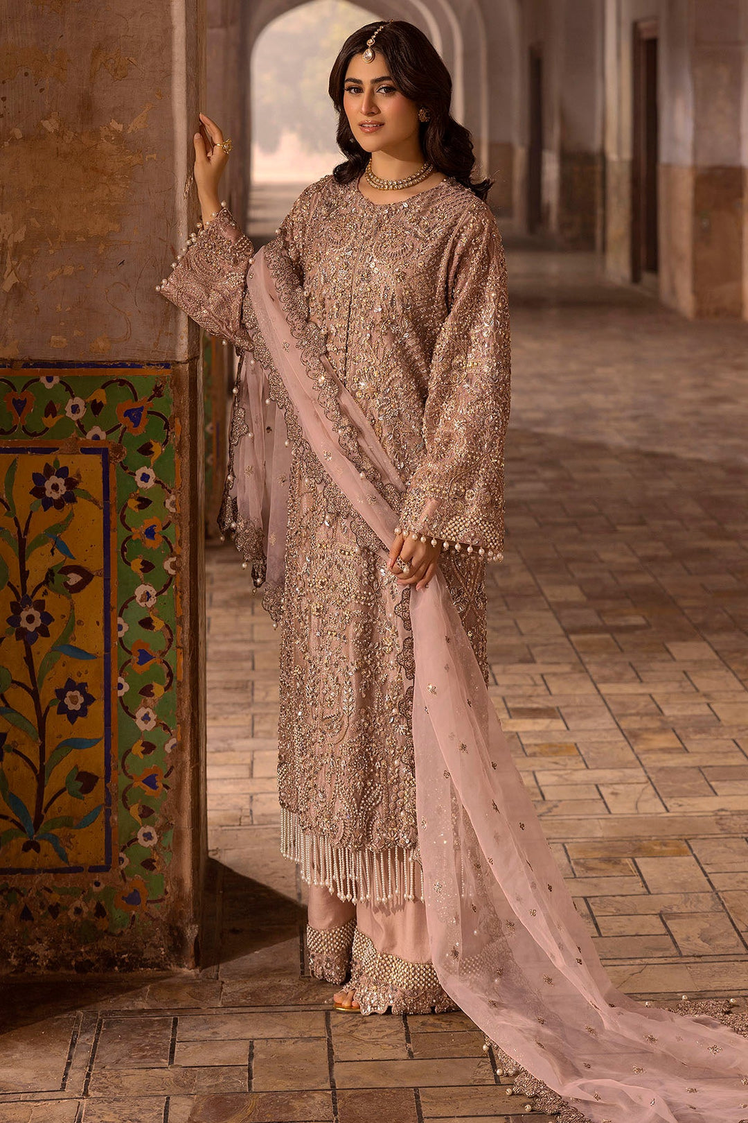 Peach Pakistani Bridal Outfit with Embroidery and Silk Izaar