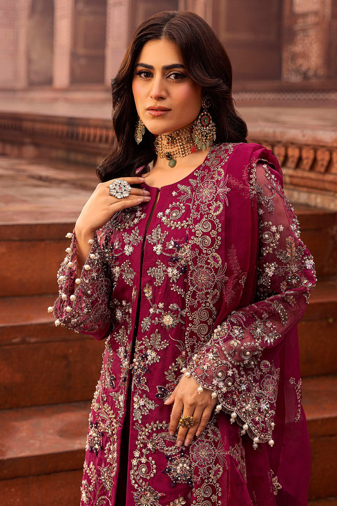 Ethereal Fuchsia Pink Pakistani Bridal Outfit with Hand Embroider