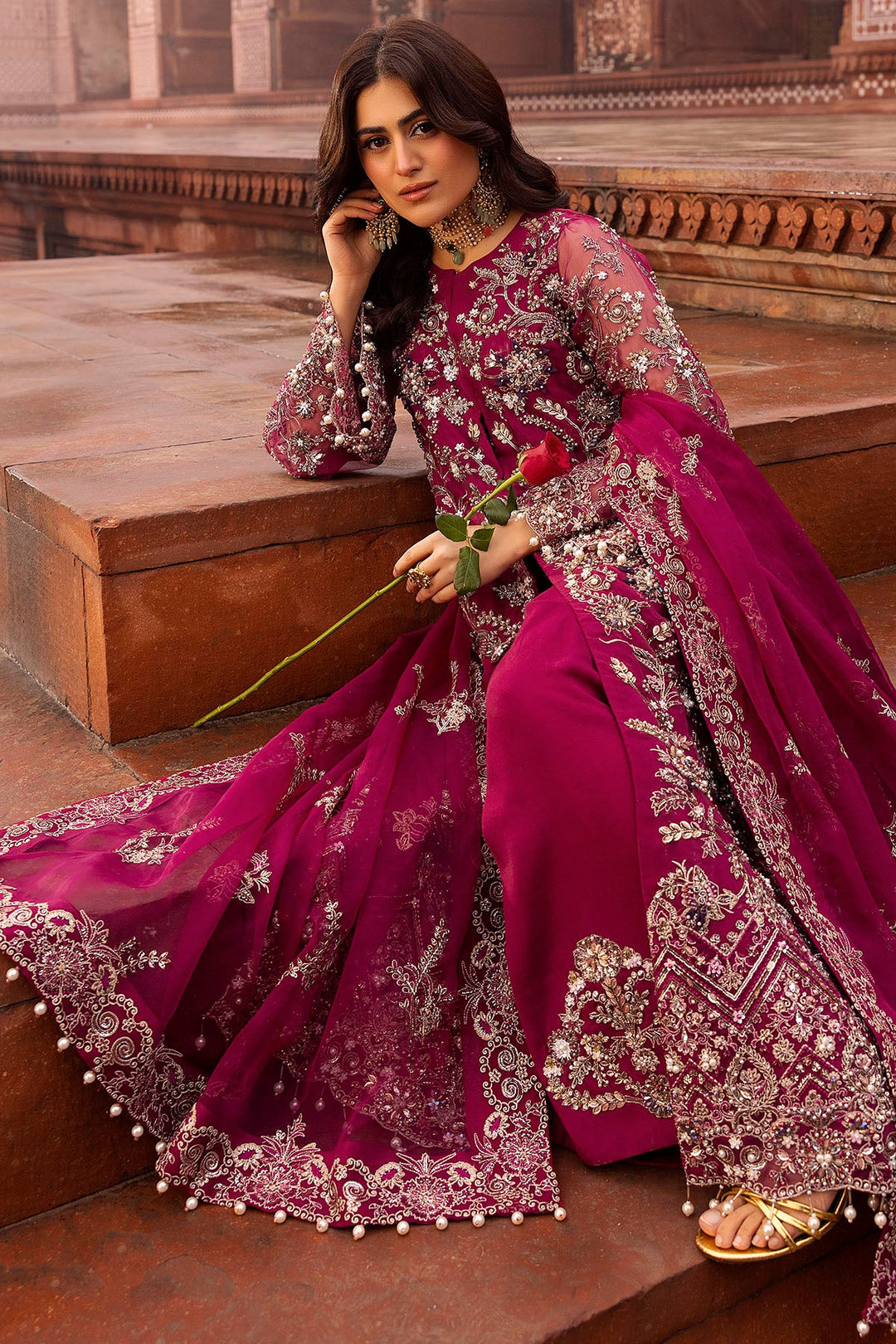 Ethereal Fuchsia Pink Pakistani Bridal Outfit with Hand Embroider